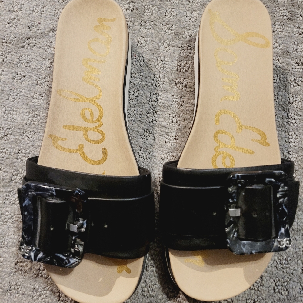 Sam Edelman Black Slide Sandals with Tan Footbed
